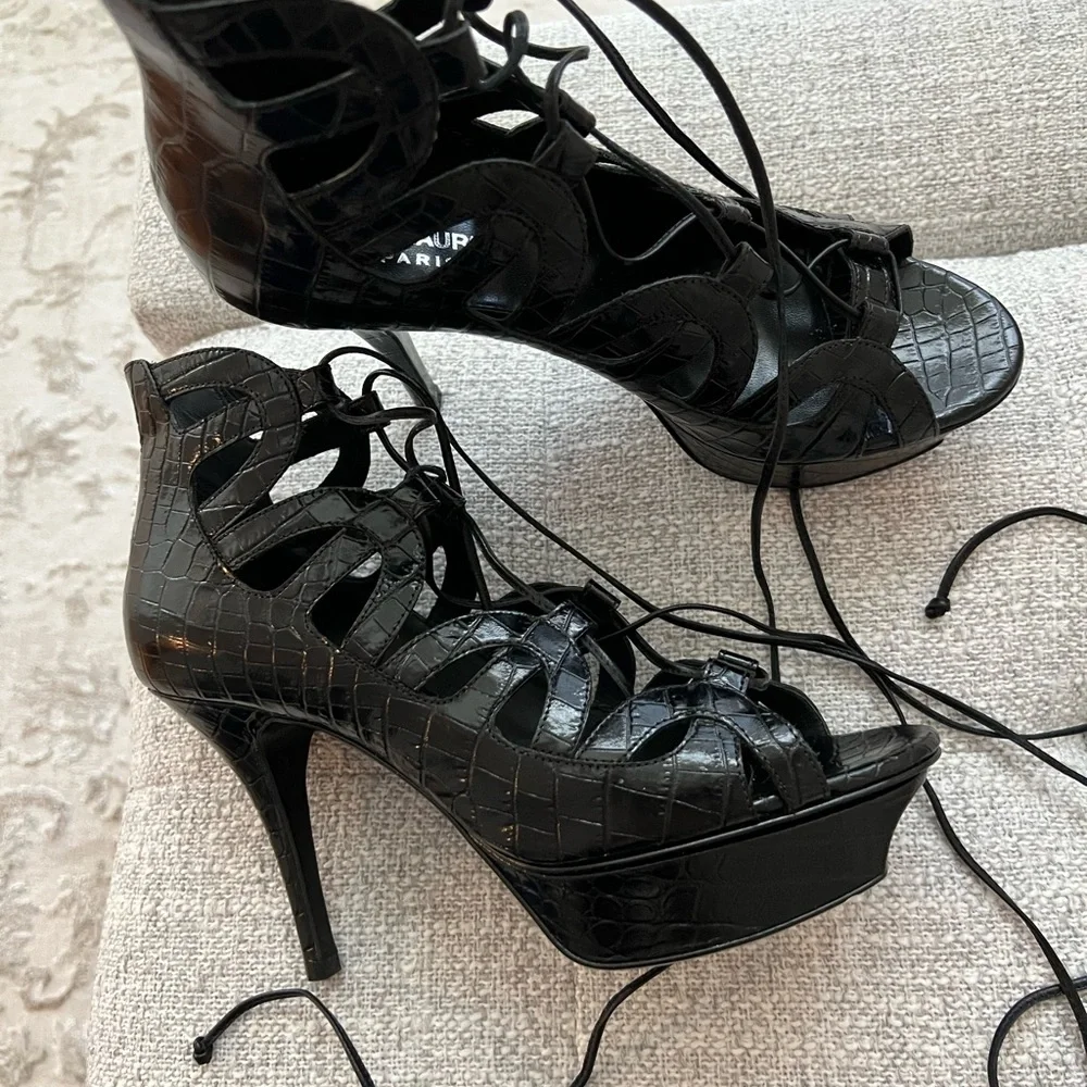 New Saint Laurent Black Croc Embossed Leather Platform Gladiator Sandals 37.5 - Picture 4 of 5